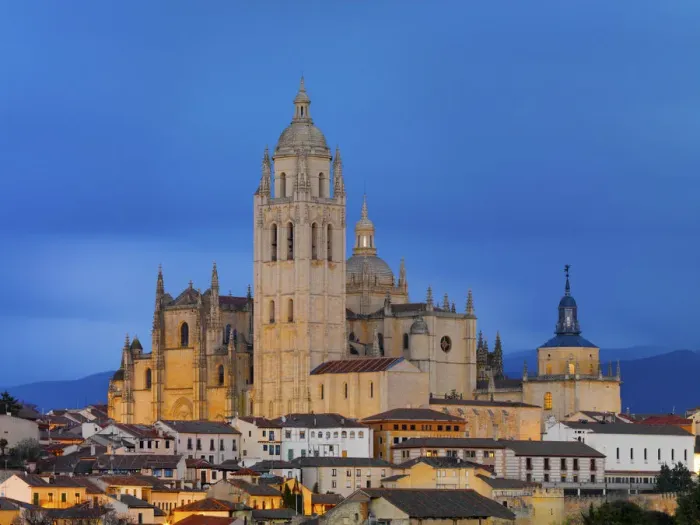 Framed Print : Spain, Castile and Leon, Segovia. cathedral at dusk