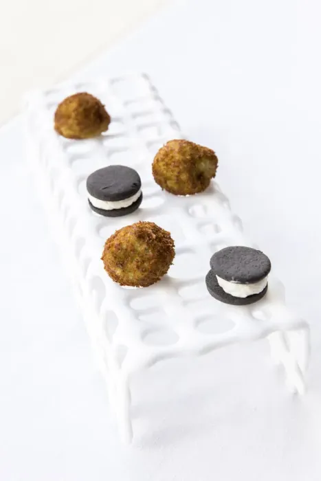 Framed Print : Spain, Castile and Leon, Valladolid, Castrillo de Duero, Liquid pesto croquettes and black olives and parmesan biscuits Framed Print : Spain, Castile and Leon, Valladolid, Castrillo de Duero, Liquid pesto croquettes and black olives and parmesan biscuits