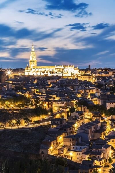 Spain, Castilea'La Mancha, Toledo. City and the Cathedral at dusk