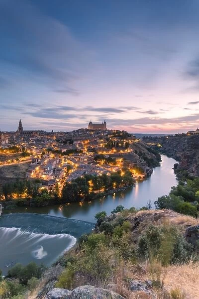 Spain, Castilea'La Mancha, Toledo. City and river Tagus at sunrise, high angle view