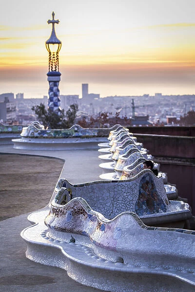 Spain, Catalonia, Barcelona, Carmelo Hill, Modernist architecture on the Terrace of Parc Guell