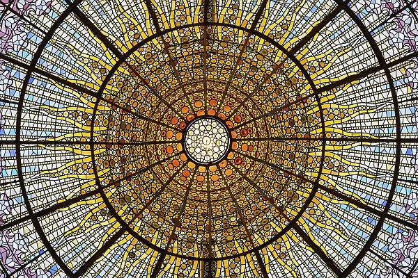 Spain, Catalonia, Barcelona, Palau de la Musica, Modernist glass ceiling
