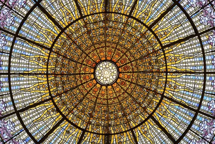 Framed Print : Spain, Catalonia, Barcelona, Palau de la Musica, Modernist glass ceiling
