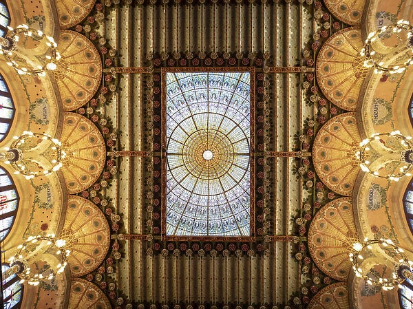 Spain, Catalonia, Barcelona, Palau de la Musica, Modernist ceiling