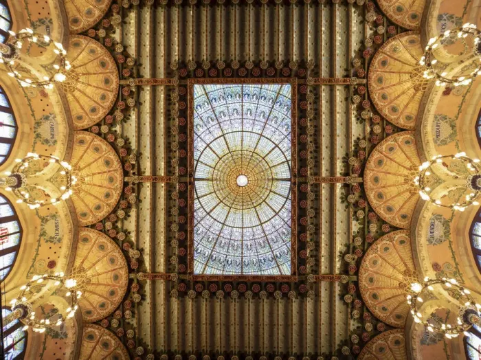 Framed Print : Spain, Catalonia, Barcelona, Palau de la Musica, Modernist ceiling Framed Print : Spain, Catalonia, Barcelona, Palau de la Musica, Modernist ceiling