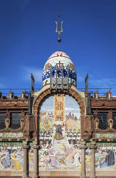 Spain, Catalonia, Barcelona, Palau de la Musica, Mosaics on the main facade