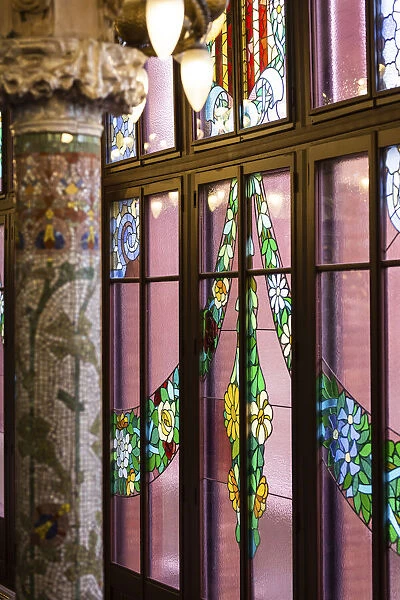 Spain, Catalonia, Barcelona, Palau de la Musica, Detail of glass window at the first floor