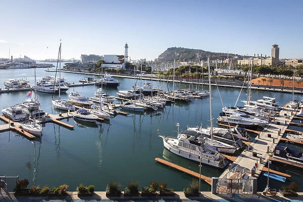 Spain, Catalonia, Barcelona, Port Vell, View of the old port from the terrace of the Catalonia History Museum