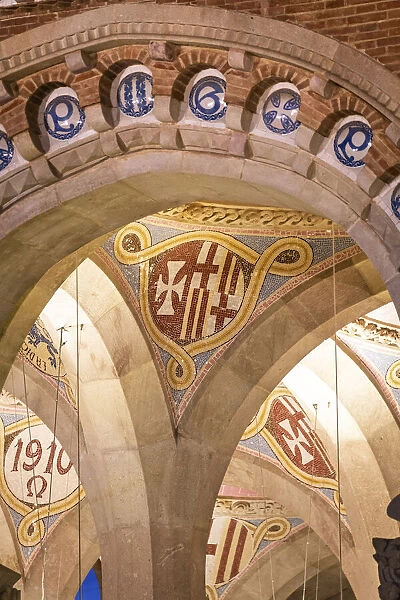 Spain, Catalonia, Barcelona, Sant Pau Hospital, Modernist decoration in the vault of the entrance hall