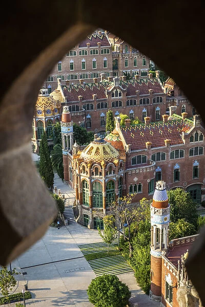 Spain, Catalonia, Barcelona, Sant Pau Hospital, Modernist buildings from the clock tower