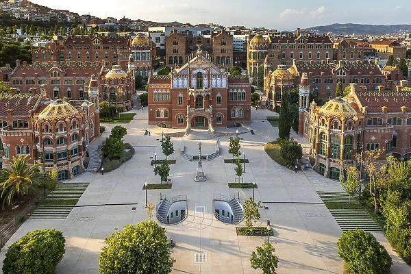 Spain, Catalonia, Barcelona, Sant Pau Hospital, Elevated view of the complex