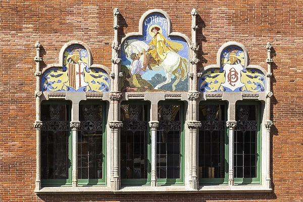 Spain, Catalonia, Barcelona, Sant Pau Hospital, San Martinos mosaic in the rear facade of the amministration pavillon