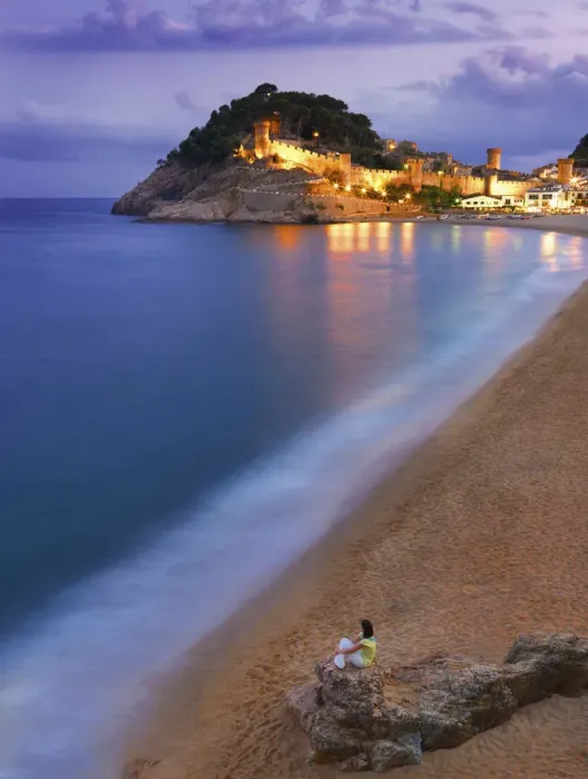 Framed Print : Spain, Catalonia, Costa Brava, Tossa de Mar, Overview of town and bay at dusk (MR) Framed Print : Spain, Catalonia, Costa Brava, Tossa de Mar, Overview of town and bay at dusk (MR)