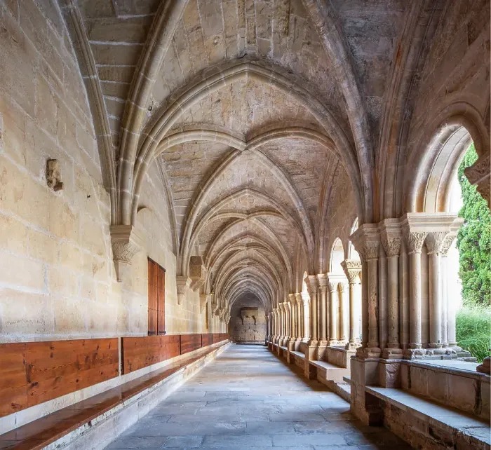 Framed Print : Spain, Catalonia, Tarragona, Poblet, Hallway in the cloister of the Monastery
