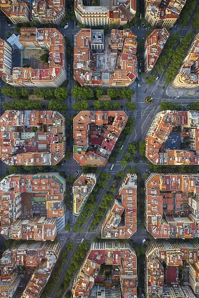 Spain, Catalunya, Barcelona, Aerial view of Eixample district and Sagrada Familia