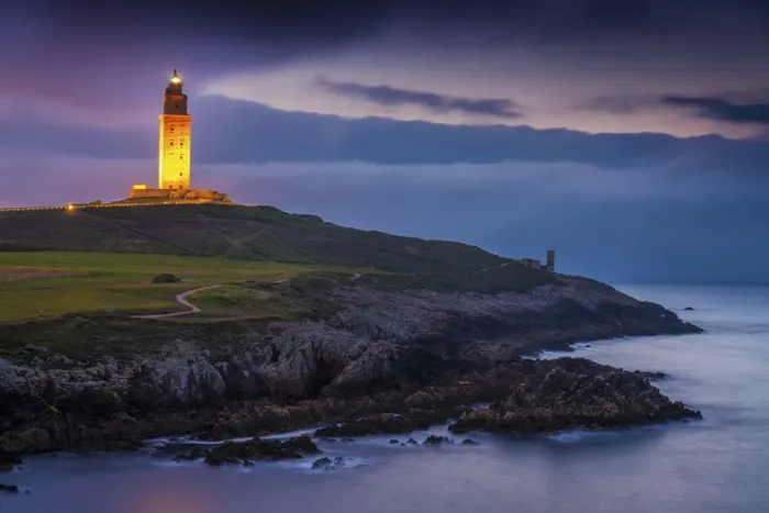 Framed Print : Spain, Galicia, La Coruna, Torre de Hercules illuminated at night Framed Print : Spain, Galicia, La Coruna, Torre de Hercules illuminated at night