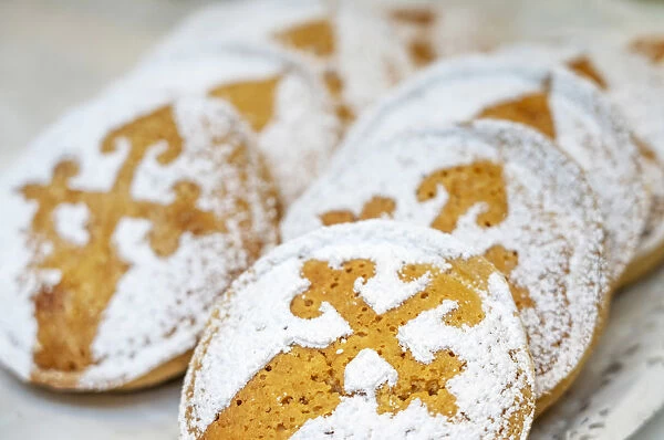 Spain, Galicia, Santiago de Compostela, camino symbol on cookies