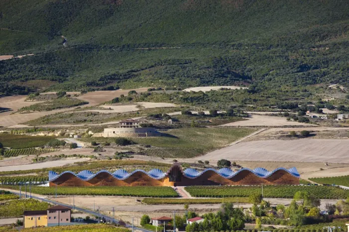 Framed Print : Spain, La Rioja Area, Alava Province, Laguardia, elevated view of the Bodegas Ysios Framed Print : Spain, La Rioja Area, Alava Province, Laguardia, elevated view of the Bodegas Ysios