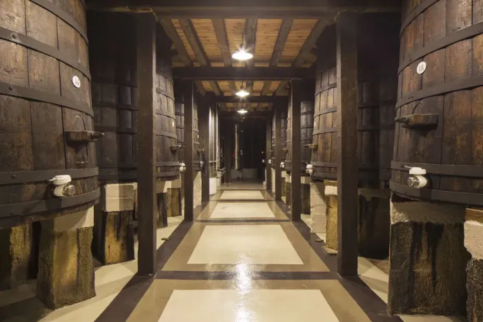 Framed Print : Spain, La Rioja, Haro. Original fermentation barrels at La Rioja Alta, a traditional