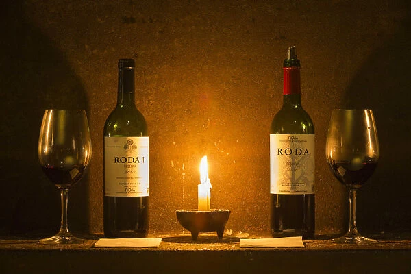 Spain, La Rioja, Haro. Wine arrangement in the caves at Bodegas Roda