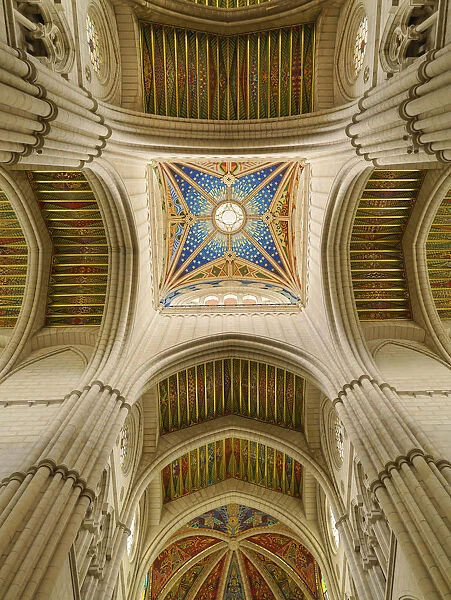Spain, Madrid, Almundena cathedral, view of ceiling