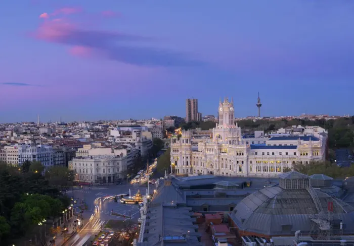 Framed Print : Spain, Madrid, Overview of Plaza de Cibeles and town hall at dusk Framed Print : Spain, Madrid, Overview of Plaza de Cibeles and town hall at dusk