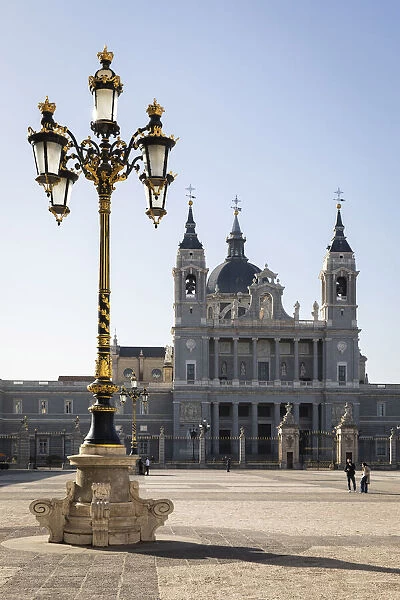Spain, Madrid, Plaza de la Armeria, The front facade of the Almudena Cathedral