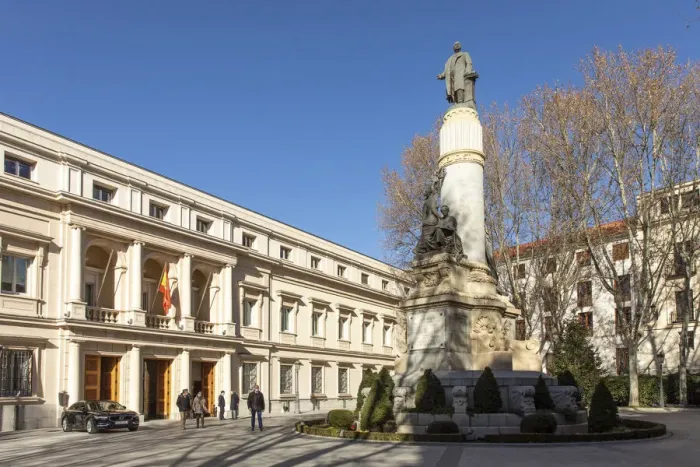 Framed Print : Spain, Madrid, Plaza Marina Espanola, The entrance of the Senato building