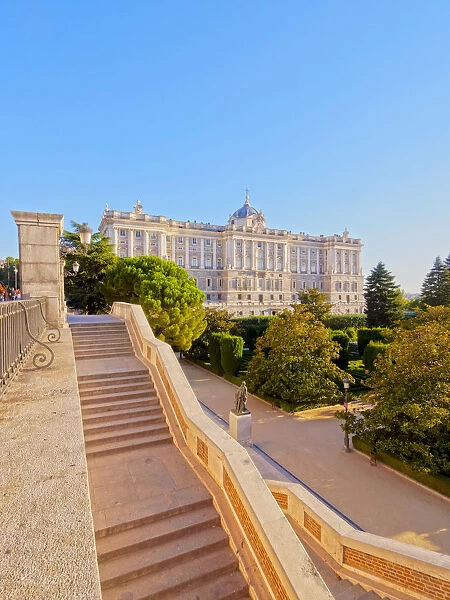 Spain, Madrid, View of Jardines de Sabatini and the Royal Palace of Madrid