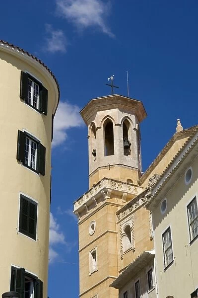 Spain, Menorca, Mahon. Belltower on ornate building in the Menorcan capital