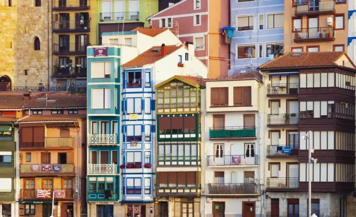 Framed Print : Spain, Vizcaya Province, Basque Country, Bermeo, harbour, close-up of buildings Framed Print : Spain, Vizcaya Province, Basque Country, Bermeo, harbour, close-up of buildings