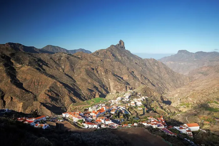 Framed Print : Spectacular mountain scenery and Roque Bentayga with Tejeda town in Central Gran Canaria, Canary Islands, Spain Framed Print : Spectacular mountain scenery and Roque Bentayga with Tejeda town in Central Gran Canaria, Canary Islands, Spain