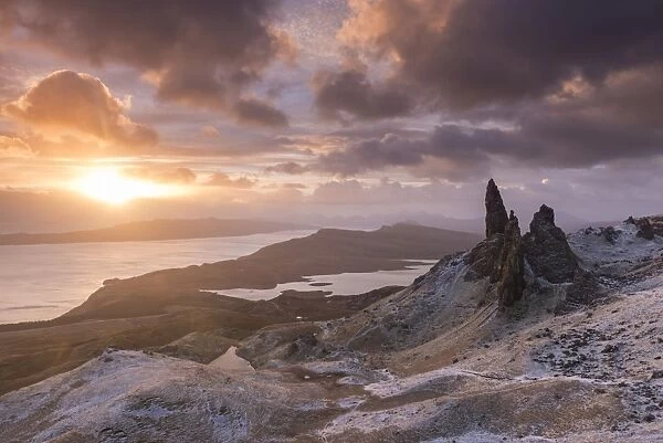 Spectacular sunrise over the Old Man of Storr, Isle of Skye, Scotland. Winter (December)