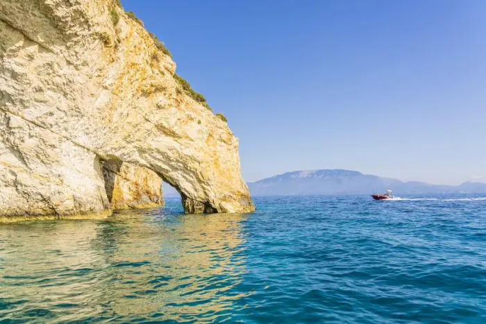 Framed Print : Speed boat and the Blue caves, Zakynthos, Zante, Ionian Islands, Greece Framed Print : Speed boat and the Blue caves, Zakynthos, Zante, Ionian Islands, Greece