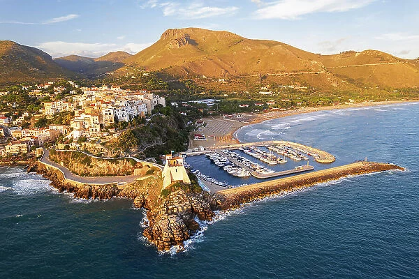 Sperlonga with the tower and the marina surrounded by hills and mountains, Sperlonga, Latium, Italy