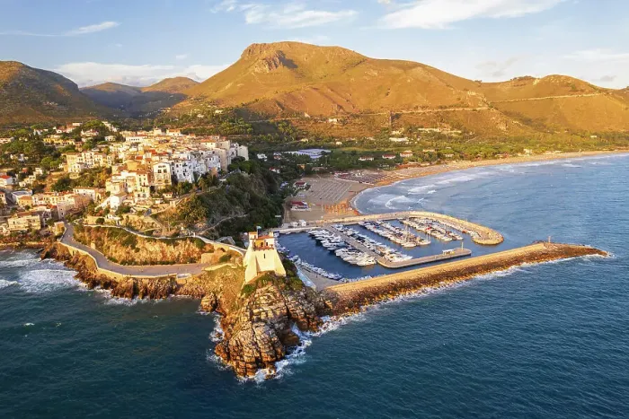 Framed Print : Sperlonga with the tower and the marina surrounded by hills and mountains, Sperlonga, Latium, Italy Framed Print : Sperlonga with the tower and the marina surrounded by hills and mountains, Sperlonga, Latium, Italy
