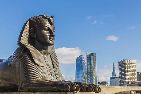 Sphinx statue and Cityscape, London, England