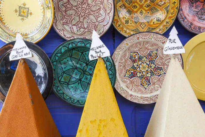 Framed Print : Spices and ceramics for sale, souk (market), Essaouira, Morocco