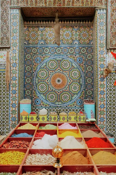 Framed Print : Spices and colorful wall, Fez, Morocco Framed Print : Spices and colorful wall, Fez, Morocco