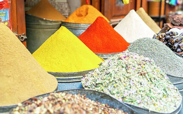 Spices and herbs for sale in the street markets of Marrakesh, Morocco