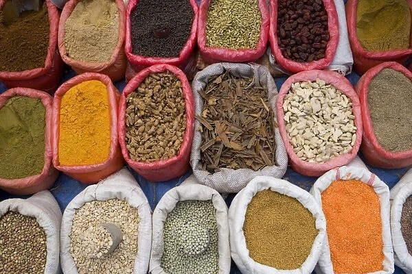 Spices and pulses in market, Manakha, Sana a Province, Yemen