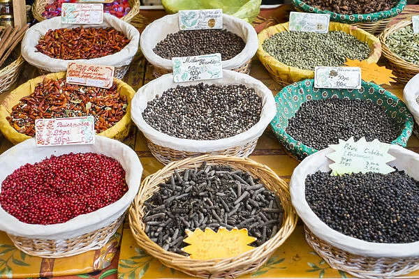 Spices for sale at a French farmers market on Place des Precheurs