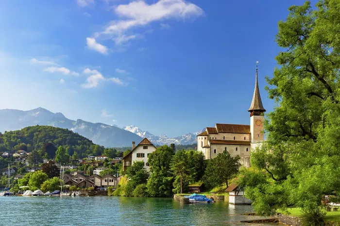 Framed Print : Spiez Castle Church and Lake Thun, Spiez, Canton of Bern, Switzerland Framed Print : Spiez Castle Church and Lake Thun, Spiez, Canton of Bern, Switzerland