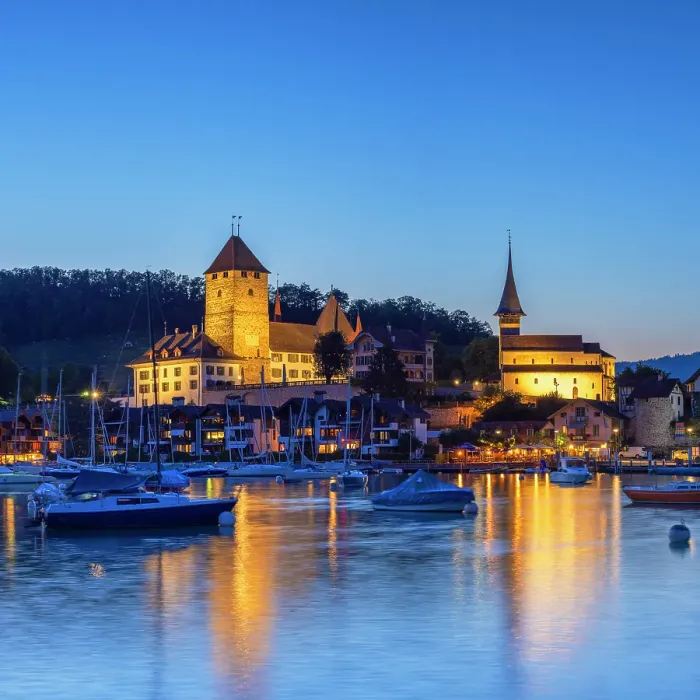 Framed Print : Spiez Castle at dusk, Spiez, Canton of Bern, Switzerland Framed Print : Spiez Castle at dusk, Spiez, Canton of Bern, Switzerland