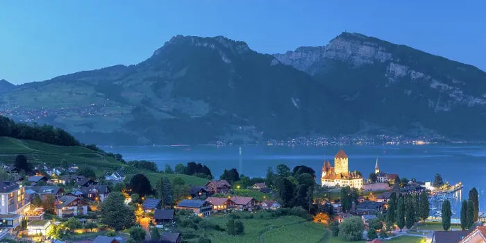 Framed Print : Spiez Castle at dusk, Spiez, Canton of Bern, Switzerland Framed Print : Spiez Castle at dusk, Spiez, Canton of Bern, Switzerland