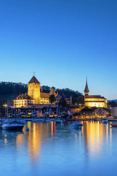 Framed Print : Spiez Castle at dusk, Spiez, Canton of Bern, Switzerland Framed Print : Spiez Castle at dusk, Spiez, Canton of Bern, Switzerland
