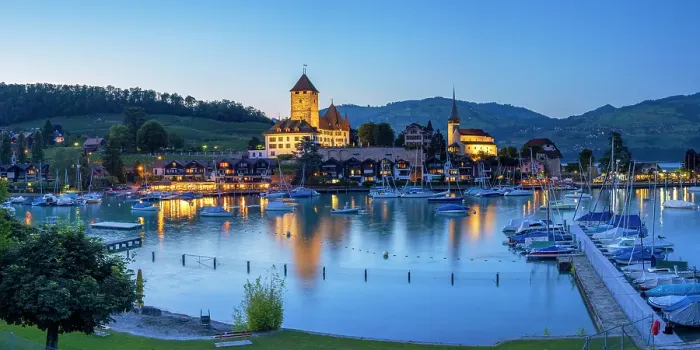 Framed Print : Spiez Castle at dusk, Spiez, Canton of Bern, Switzerland Framed Print : Spiez Castle at dusk, Spiez, Canton of Bern, Switzerland