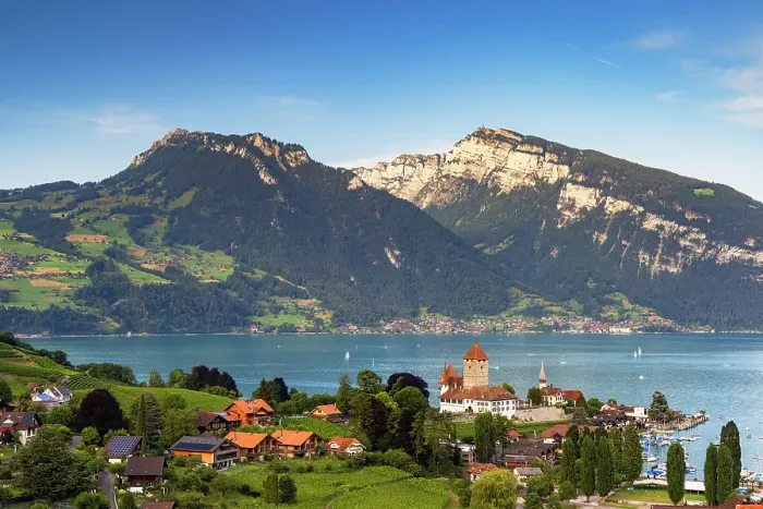 Framed Print : Spiez Castle with Niederhorn mountain in the background, Spiez, Canton of Bern, Switzerland Framed Print : Spiez Castle with Niederhorn mountain in the background, Spiez, Canton of Bern, Switzerland