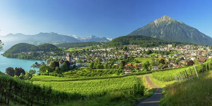 Framed Print : Spiez Castle, vineyards and Niesen mountain, Spiez, Canton of Bern, Switzerland