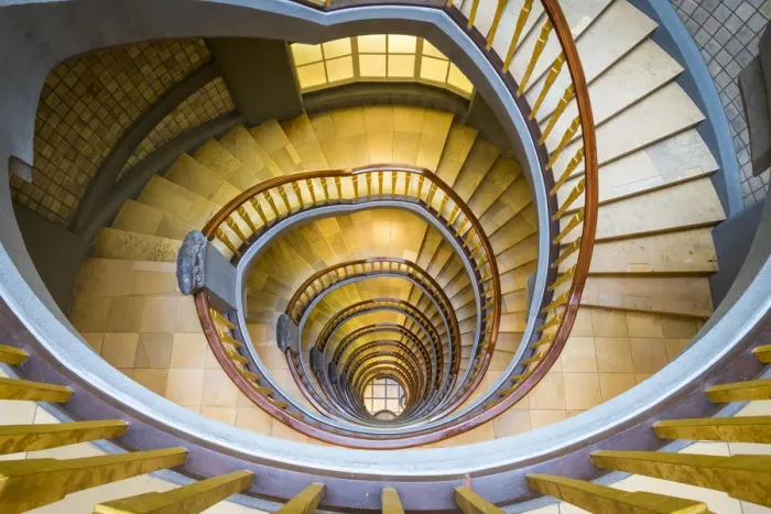 Framed Print : Spiral staircase inside Ballinhaus ( MeBberghof) office building built in 1924 Framed Print : Spiral staircase inside Ballinhaus ( MeBberghof) office building built in 1924